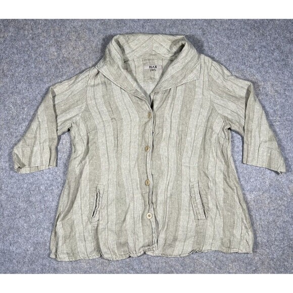 FLAX Linen Button Up Shirt Women’s XL Oatmeal Lagenlook 3/4 Sleeve Striped Tunic - Picture 1 of 9